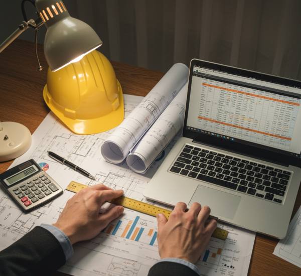 "Estación de trabajo de arquitecto con planos detallados, calculadora y ordenador mostrando presupuestos, destacando el control de calidad y costos en un entorno iluminado."