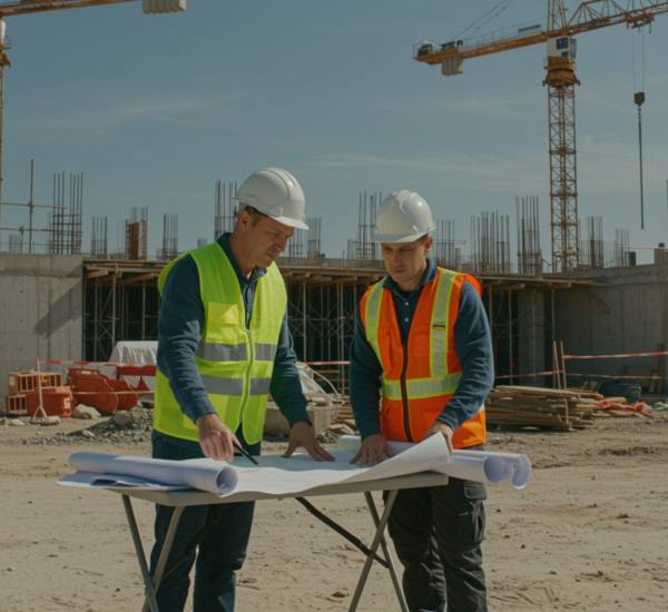 "Gerente de proyecto en sitio de construcción consultando planos con un capataz, rodeados de grúas torre y estructuras de concreto en construcción, destacando la seguridad y la gestión eficiente."
